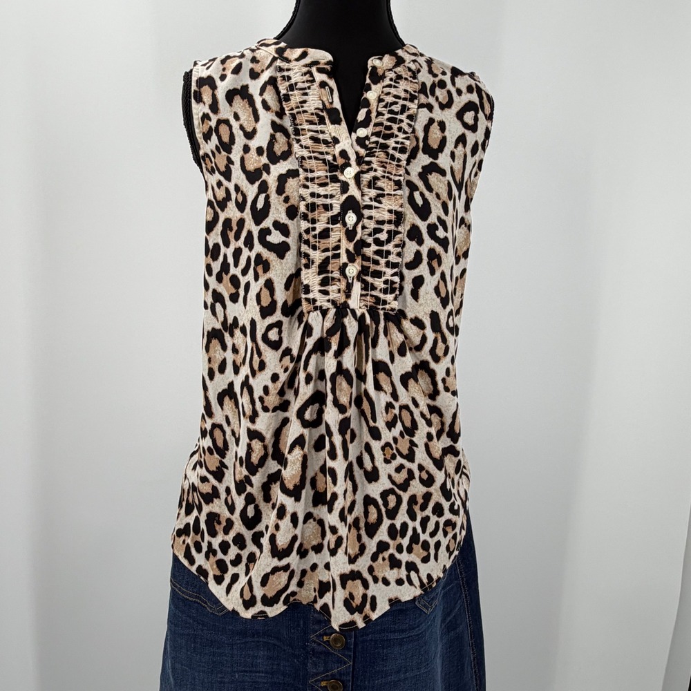 LOFT Leopard Print Sleeveless Blouse Ruffle Pintuck Tank Top Women Small career